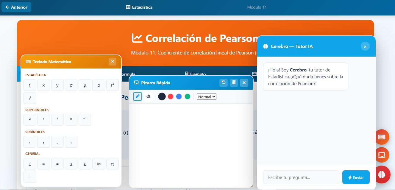 Experiencia interactiva de clase en TuClaseFácil: Teclado Matemático, Pizarra Rápida y Tutor IA Cerebro trabajando juntos